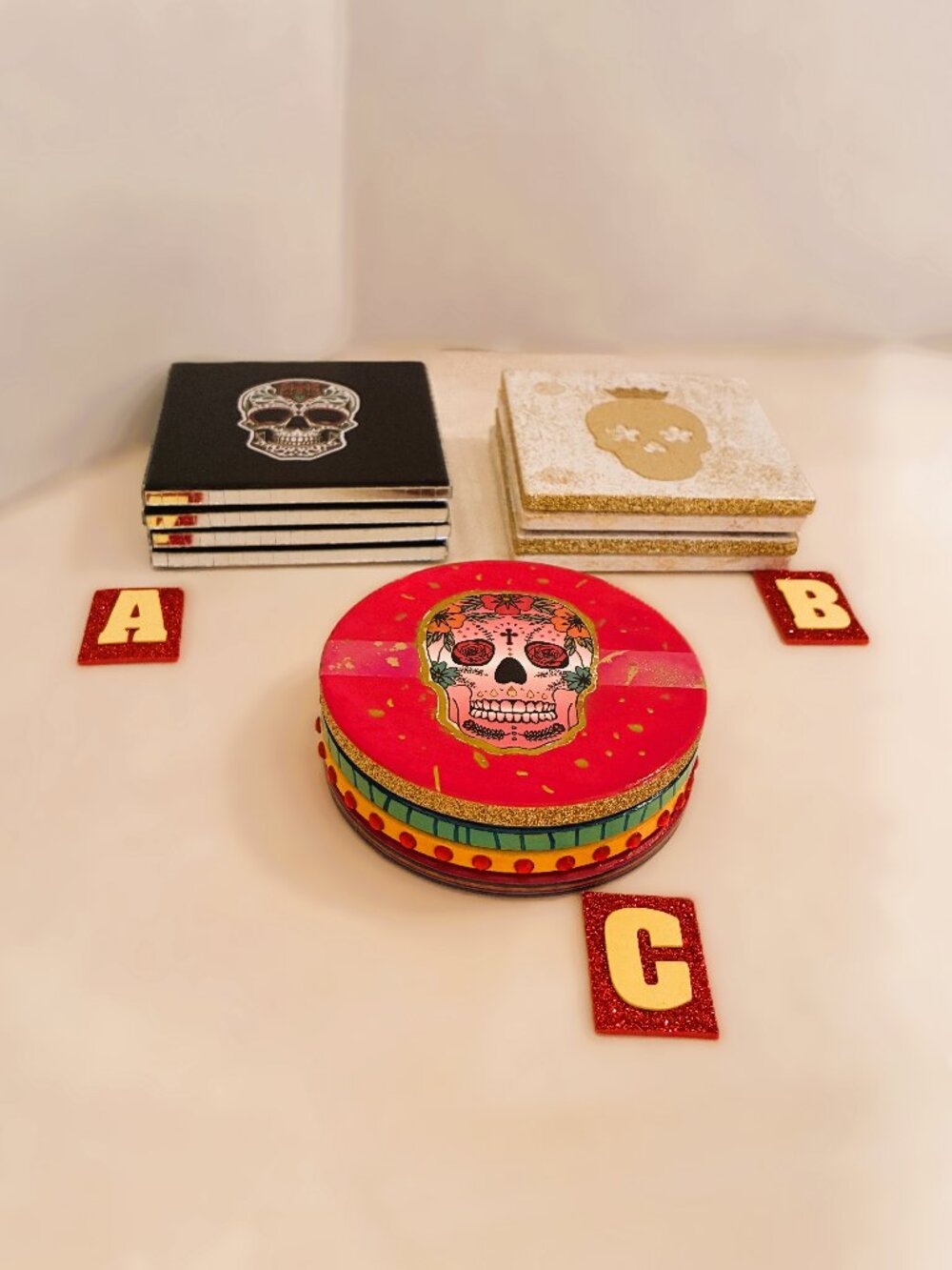 SUEÑOS de Saundra Upcycled, Ceramic Coasters, Dia de Los Muertos Collection